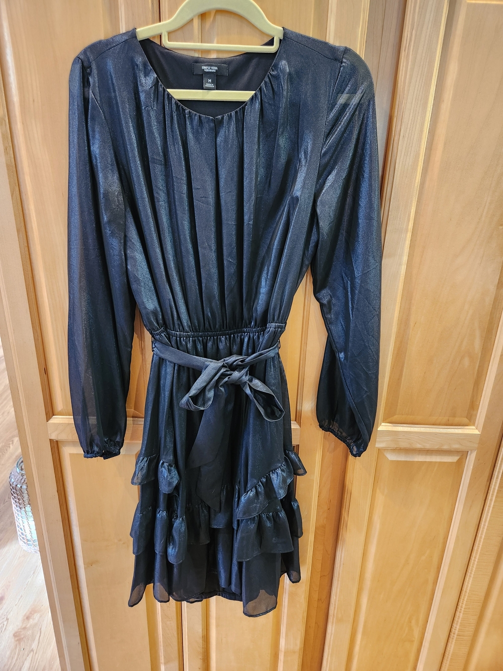 Vera Wang Shimmery Black Sheer Long-Sleeve Ruffle Tier Dress